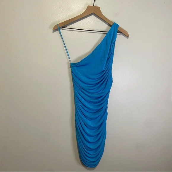 Lioness NWT The Goddess Mini Ruched Dress Womens S One Shoulder Blue New Short - Picture 8 of 8